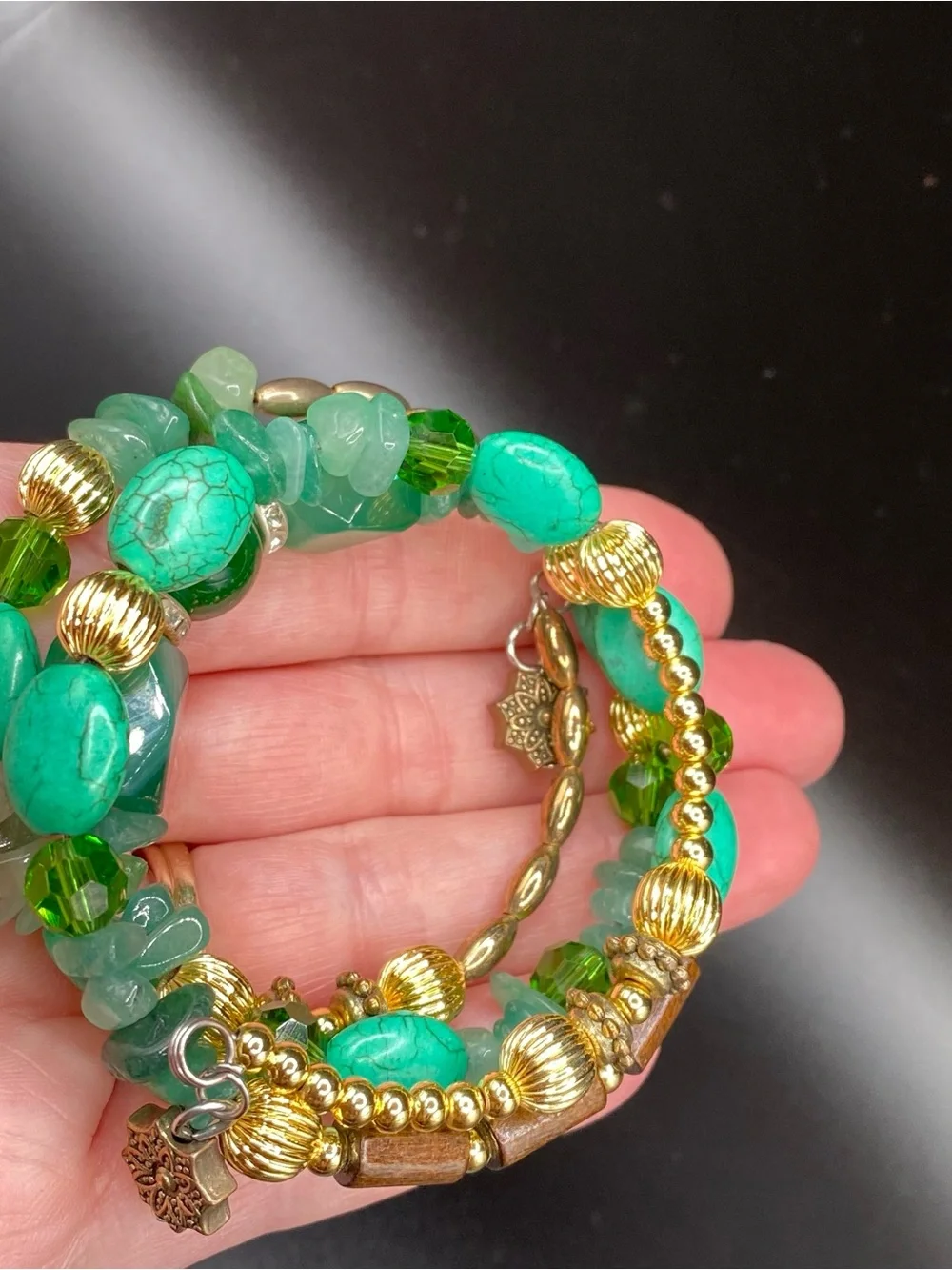 Boho multi strand Green Gold tone & wood Beaded Stretch Bracelet